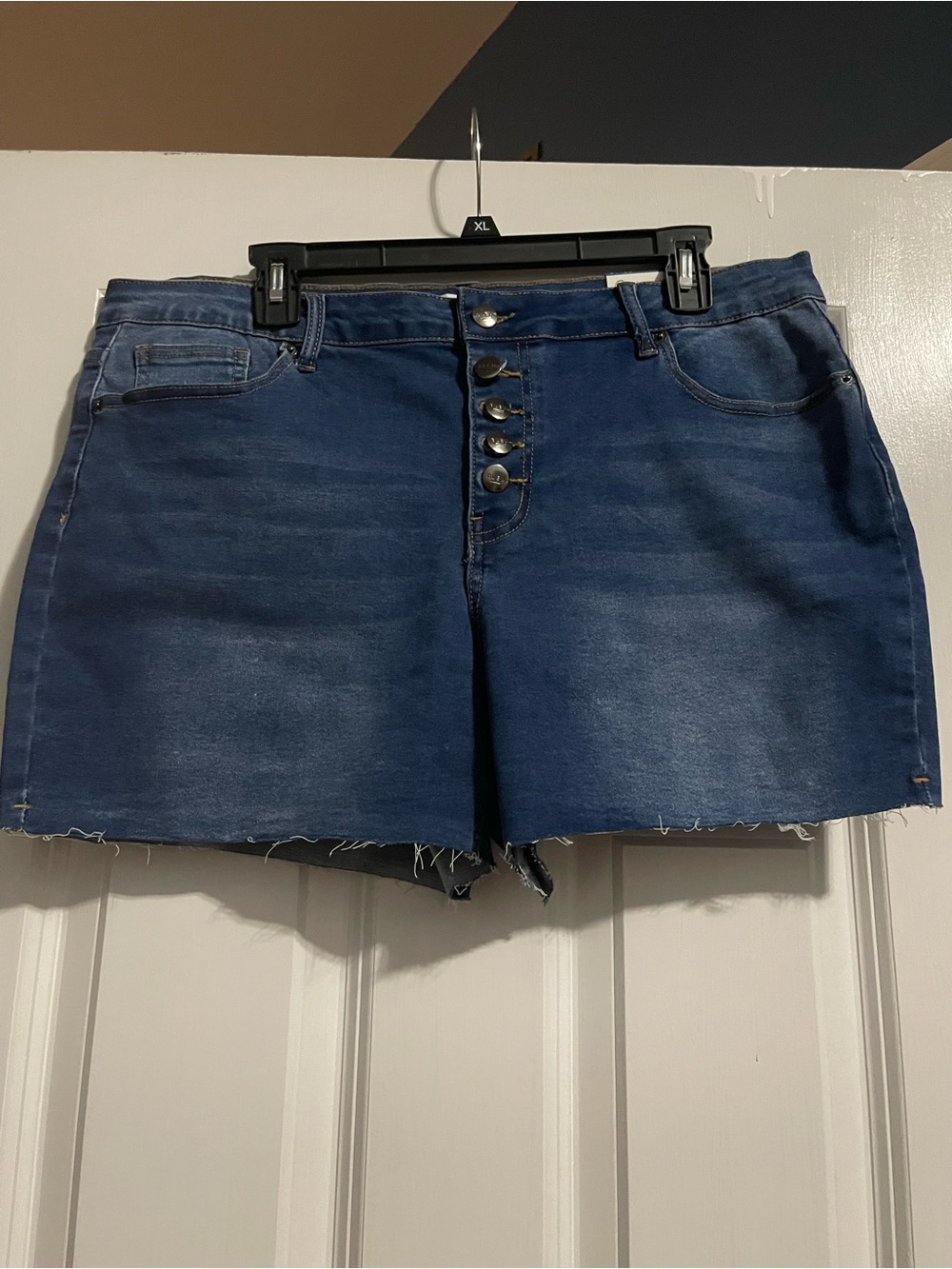 High-Rise Dark Blue Button-Front Denim Shorts